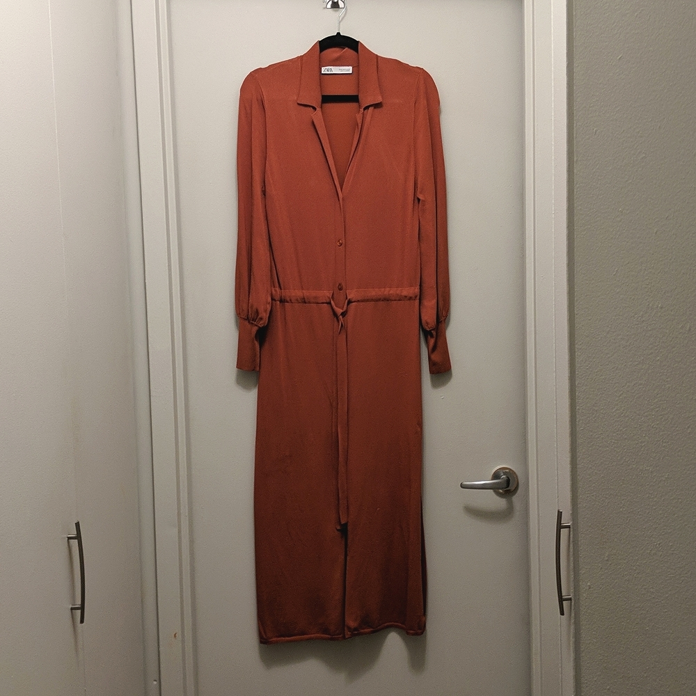 Zara Rust Orange Midi Shirt Dress